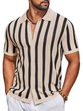 Men's Black Knit Short Sleeve Button Down Polo Striped Casual Beach Shirt